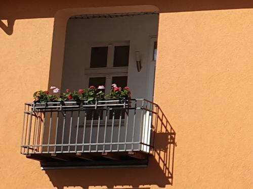a window with a balcony with flowers on it at Pension Refugium überm Schwansee in Weimar