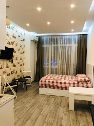 um quarto com uma cama, uma secretária e uma televisão em Studio on Pirosmani em Batumi