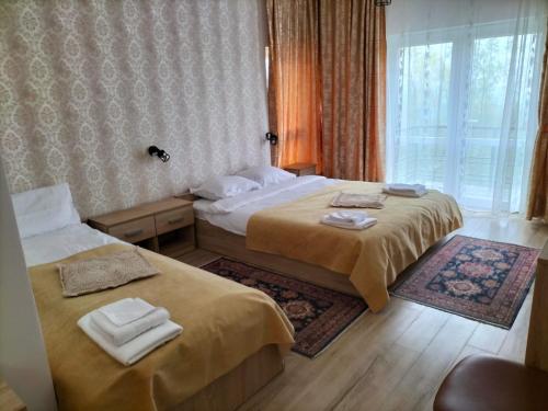 Habitación de hotel con 2 camas y ventana en Conacul Doamnei Nucșoara, en Nucşoara