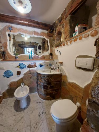 a stone bathroom with a toilet and a sink at Villetta Blu in Rio nellʼElba
