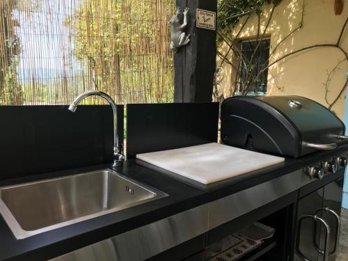 Il comprend une cuisine équipée d'un évier et d'un grille-pain. dans l'établissement domaine des tilleuls d'or, à Saint-Cézaire-sur-Siagne