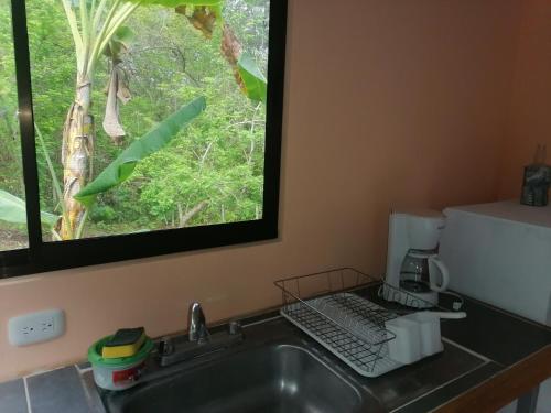 fregadero de cocina con cafetera junto a una ventana en Casa Taupe, en Carrillo