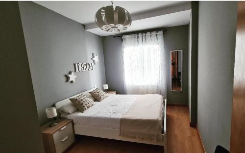 een slaapkamer met een bed en een kroonluchter bij Apartamento acogedor en el centro de Zamora in Zamora