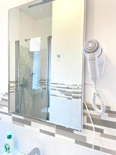 a bathroom with a shower and a blow dryer at Residenza Borgo Trento SUNDAY in Verona