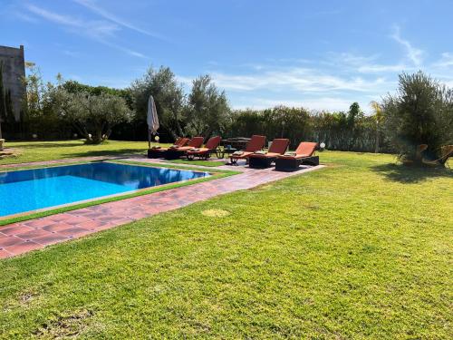 a swimming pool with lounge chairs next to a yard at Villa Haitam Marrakech in Oubadine