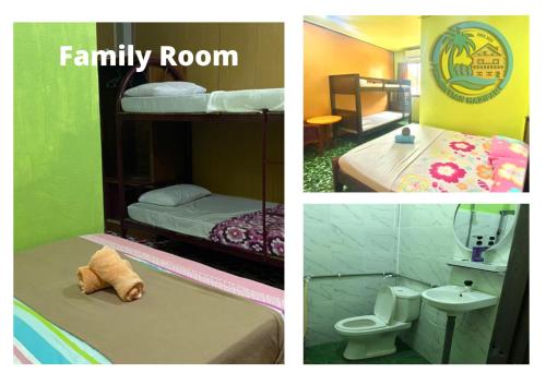 a collage of three pictures of a family room at Perhentian Hazipah in Perhentian Island