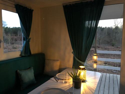 une salle à manger avec une table et une fenêtre dans l'établissement gite mobil landes, à Mano