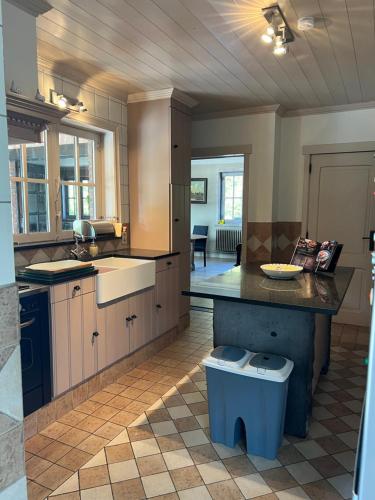 a large kitchen with a island in the middle at Hoeve Hooierzele in Waasmunster