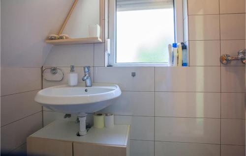 a white bathroom with a sink and a window at Amazing Home In Opatovac With Wifi in Opatovac