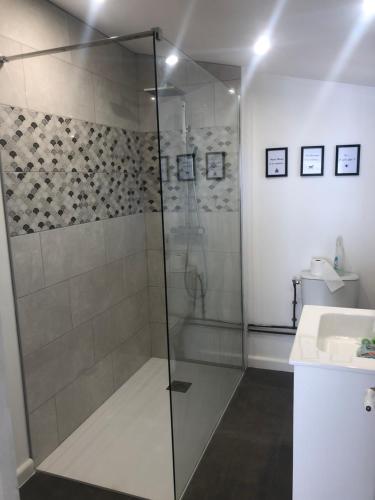 ein Bad mit einer Dusche und einem Waschbecken in der Unterkunft Studio refait à neuf avec jardin Aigues Mortes in Aigues-Mortes