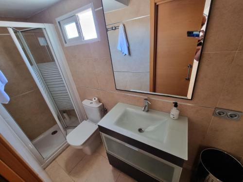 a bathroom with a sink and a shower and a toilet at Atico Cesar Elguezabal in Alicante