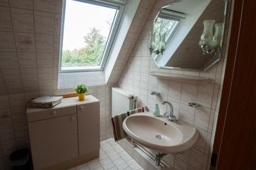 a bathroom with a sink and a mirror at Haus Neu-Möhlhorst in Fleckeby