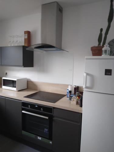 Il comprend une cuisine équipée d'une cuisinière et d'un réfrigérateur blanc. dans l'établissement Le refuge, à Privas