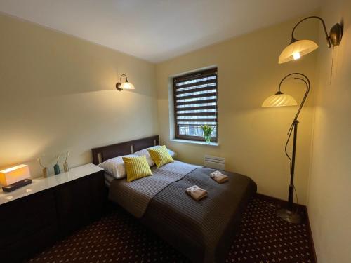 1 dormitorio con 1 cama con 2 lámparas y una ventana en Apartament Krynica Morska Continental, en Krynica Morska
