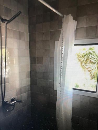 een douche met een douchegordijn in de badkamer bij apartamento in Almería