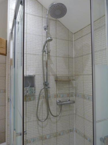a shower with a shower head in a bathroom at Logis de L'Arceau in Celles
