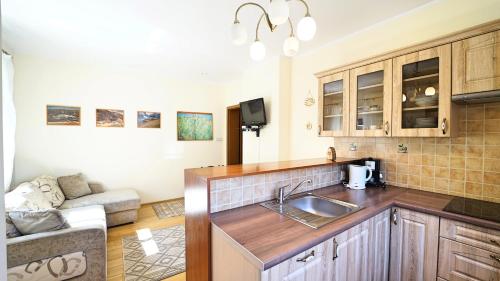 a kitchen with a sink and a couch at Apartamenty EverySky - Olimpijska 3 in Karpacz