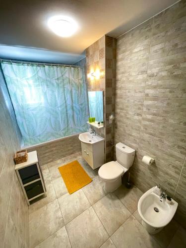 a bathroom with a toilet and a sink at Roxi's Apartment in Sibiu