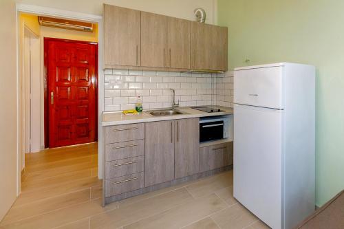 a kitchen with a white refrigerator and a red door at Agapitos Apartments in Nikiti