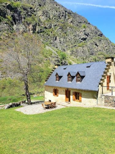 a house in a field with a mountain in the background at Maison authentique in Gavarnie