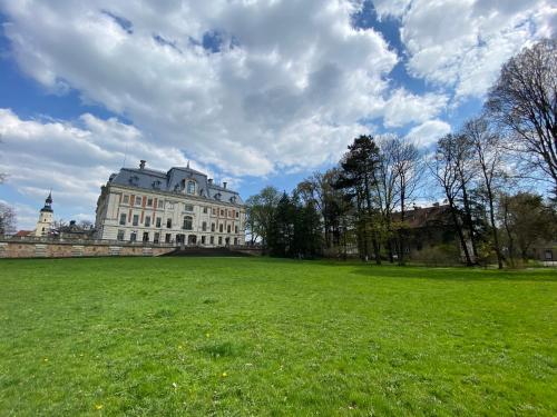 a large building in a field with a green field at Apartament przy Zamku in Pszczyna