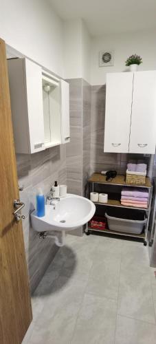 un bagno con lavandino bianco e mobili bianchi di Apartments NONO a Senj
