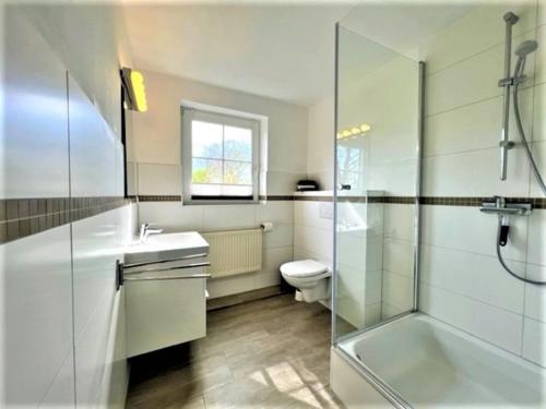 a bathroom with a toilet and a sink and a shower at Ferienwohnung 5, OG, Hof zur Sonnenseite Fehmarn in Sahrensdorf