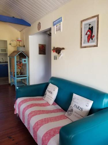 a blue couch in a living room with a striped blanket at Itaca delta cabañas in Tigre