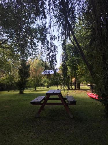 a picnic table in a park with a tree at Itaca delta cabañas in Tigre