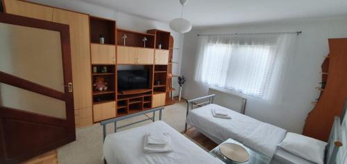 a small room with two beds and a television at Casa Alex si Daiana in Orşova