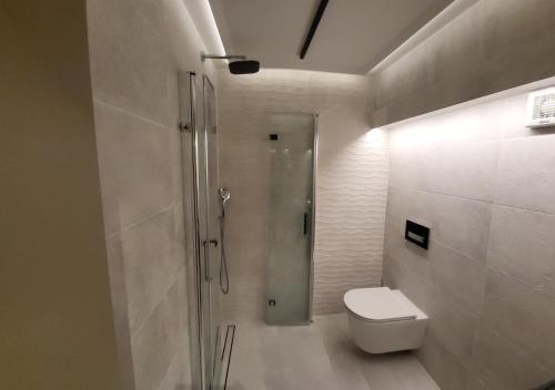 La salle de bains est pourvue d'une douche et de toilettes. dans l'établissement Skipper, à Piran