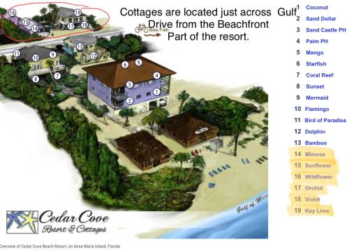 a map of a resort on a island at Cedar Cove Resort & Cottages in Holmes Beach