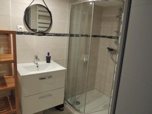 een badkamer met een douche, een wastafel en een spiegel bij Appartement entre terre et baie in Pontorson