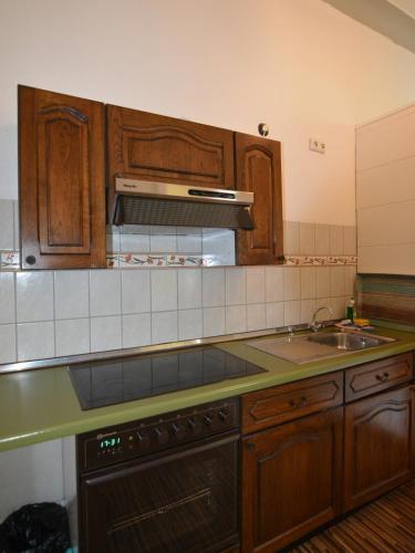 eine Küche mit Holzschränken und einem Waschbecken in der Unterkunft MA-6 2Gs in Krefeld