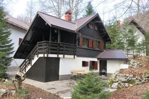 a black and white house with a roof at ARIA in Sviščaki
