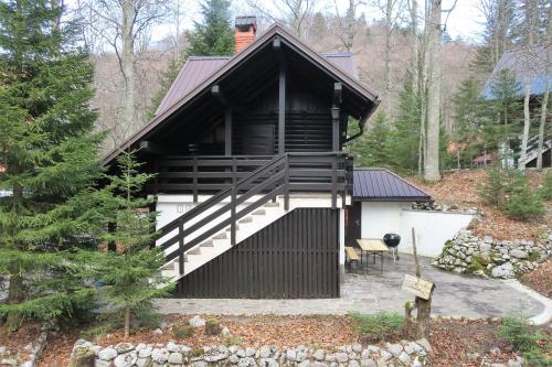 a house with a black and white at ARIA in Sviščaki
