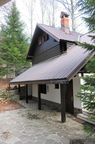 a house with a metal roof with a brick chimney at ARIA in Sviščaki