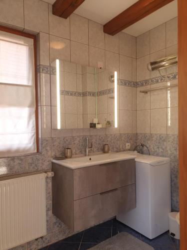 y baño con lavabo, espejo y aseo. en Gite Dans Cité Médievale, en Boersch
