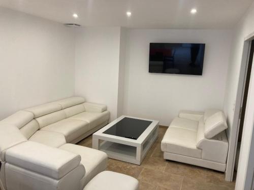 a living room with a couch and two chairs and a tv at mas feuillade logement partagé in Nîmes