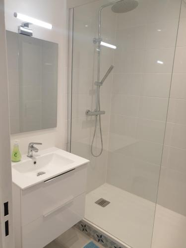 La salle de bains blanche est pourvue d'un lavabo et d'une douche. dans l'établissement APPARTEMENT LE ROUSSEAU METZ AVEC PARKING GRATUIT, à Metz