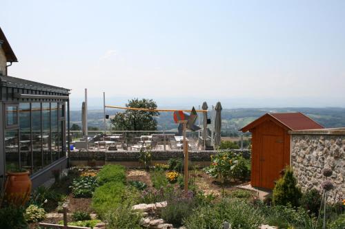 a garden with a view of the mountains at Gasthof Alpenblick in Amstetten