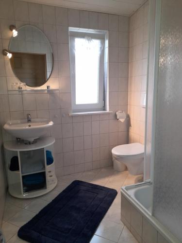 een badkamer met een wastafel, een toilet en een spiegel bij Ferienwohnung 1 Füssel in Reinhardtsdorf