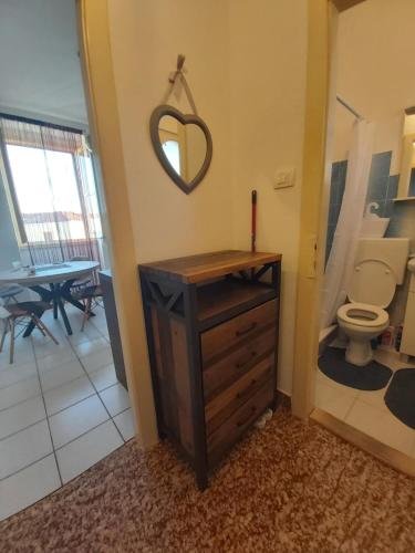 a bathroom with a toilet and a mirror on the wall at Karmen in Zadar