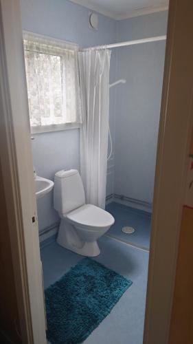 bagno con servizi igienici bianchi e finestra di Dunderås Stugan a Skillingaryd