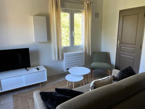 ein Wohnzimmer mit einem Sofa, einem Tisch und einem TV in der Unterkunft Appartements St. Pancrace in Corte