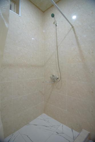 a bathroom with a shower with a toilet at Comfy corner in Telavi