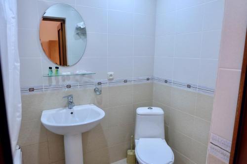 a bathroom with a sink and a toilet and a mirror at Dil Hill by Sam in Dilijan