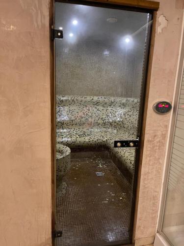 a shower with a glass door in a bathroom at Pirin Dream View Apartments in Razlog