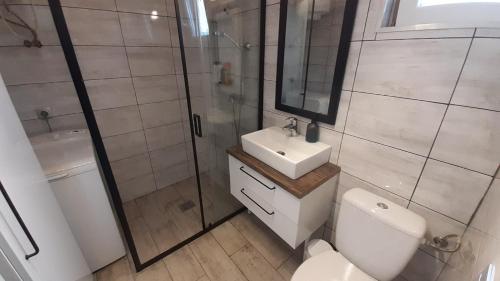 a bathroom with a toilet and a sink and a shower at House Kalmia in Fonyód
