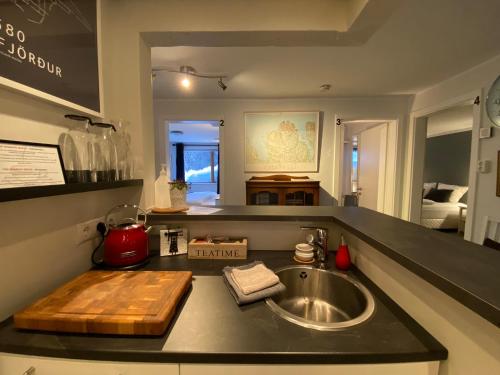 eine Küche mit einer Spüle und einer Arbeitsplatte in der Unterkunft The Herring House in Siglufjörður